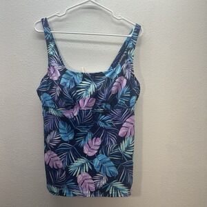 Lands End Square Neck Tankini Swimsuit Bathing Suit Top Purple Tropical 14D